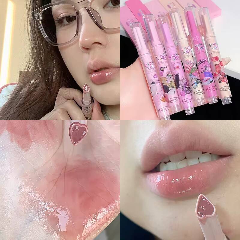 Mirror Lipstick Pen Heart Shape Plumper Guava Cherry Pink Gloss Crystal Glaze Tint Press Type Lip Balm Makeup happy