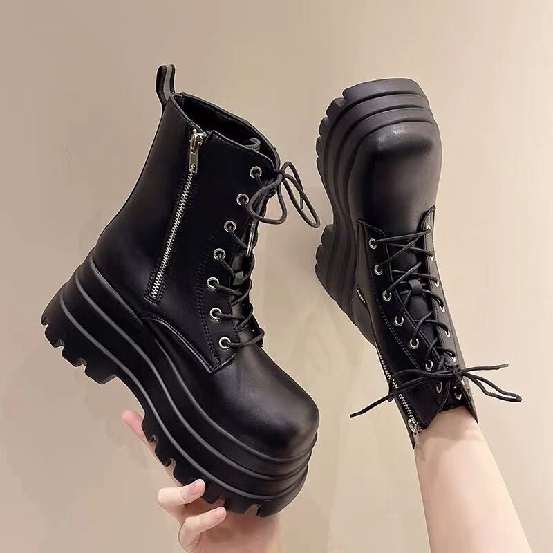 Ddmysports Trendy Girl Height Increasing Shoes New Model Slimming Thick Sole British Style Short Martin High Heel Motorcycle Boots Outdoor Shoes