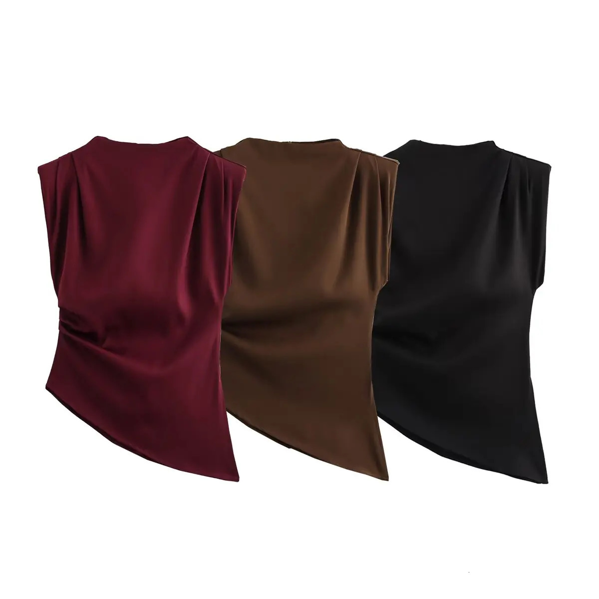 Zevity Women Fashion Sleeveless Solid Color Pleated Casual Vest Blouse Female Hem Irregular Shirt Blusas Chic Zipper Tops LS9248 250614
