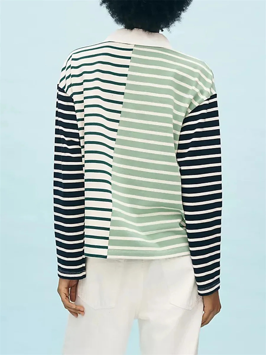 Women s Striped Blouse with Half Button Down Detail Lapel Neck and Long Sleeves - Casual Streetwear Fashion Top 250609