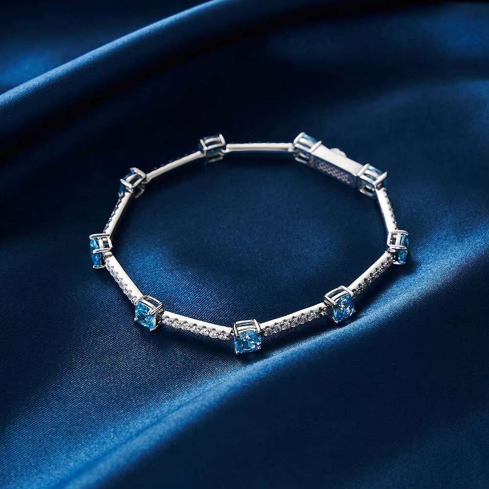 Wholesale Customizable Womens Elegant Tennis Bracelet Natural Aquamarine Gemstone Set Rhodium-Over Moissanite Elegant Bangles