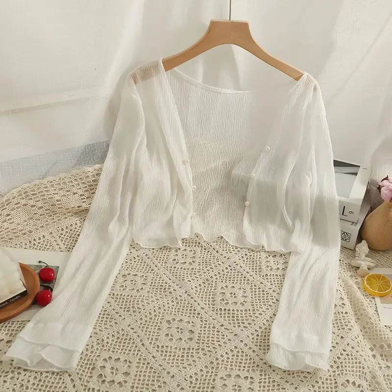 Fairy Style Solid Cardigan Women Summer Long Sleeve Sunscreen Sweet Beading Vneck Basics Loose Chiffon Cardigan 250612