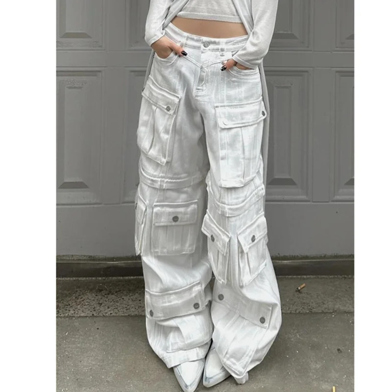 White Women Y2K Hip Hop Fashion Vintage High Waisted Cargo Jeans Streetwear Casual Loose Pockets Girl Wide Leg Denim Pants Z260314