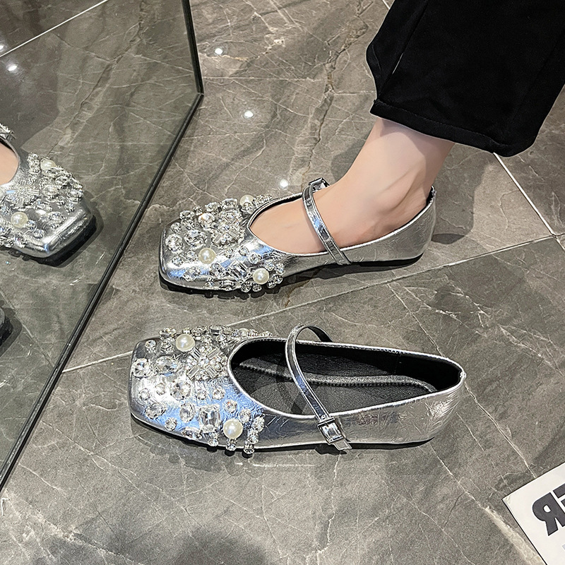 Ddmyoutdoor Ddmyoutdoor French Fairy Style Silver Rhinestone Mary Jane Spring New Square Toe Flat To Match Skirts Single Shoes For Women Outdoor Outdo
