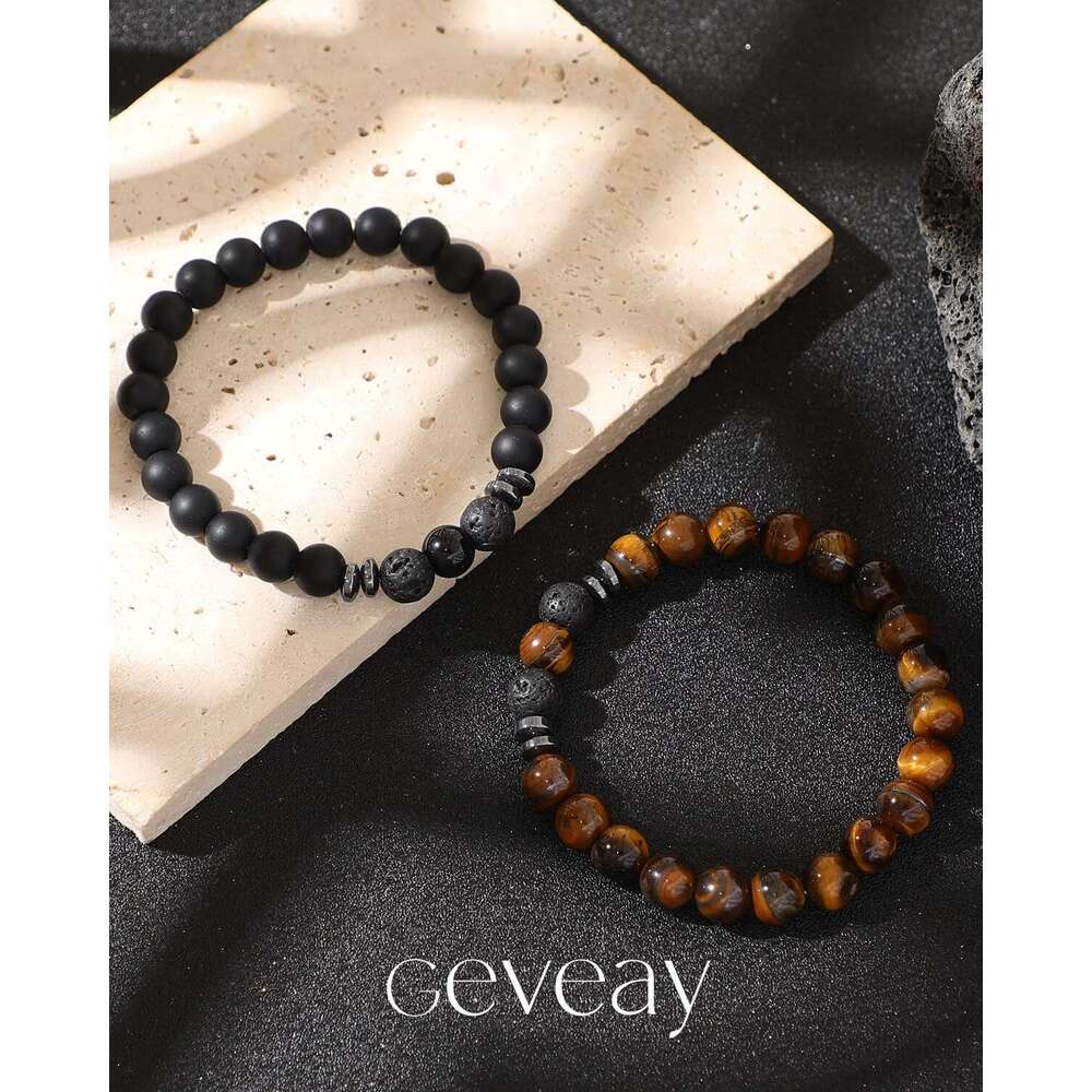 Mens Natural Stone Bracelets 8MM Stretch Adjustable Tiger Eye, Matte Agate, Lava Rock Beaded Bracelet Set for Men Women Gifts