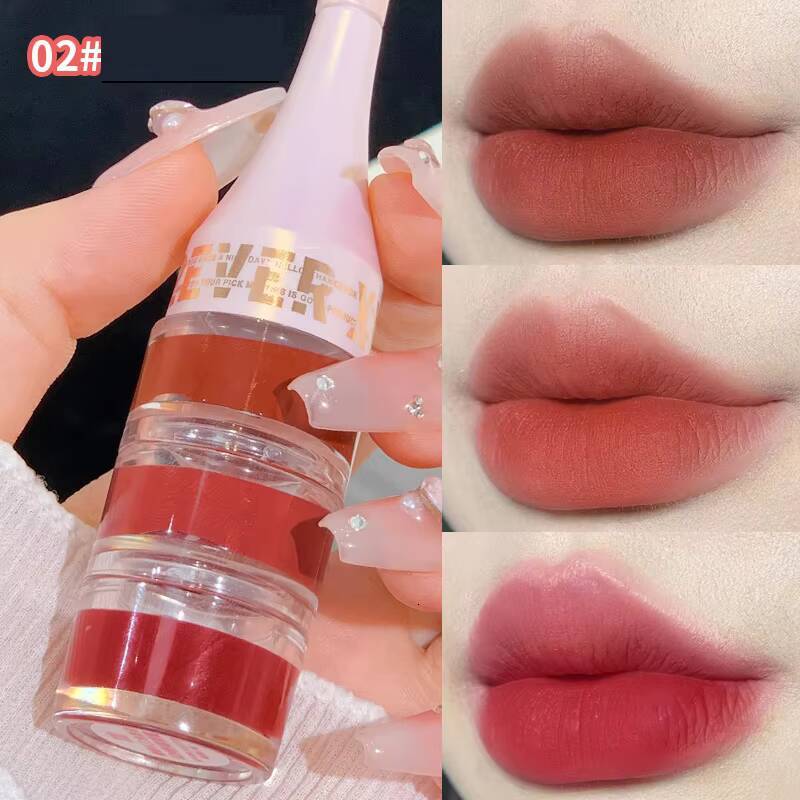 Layered 3 in 1 Mud Velvet Matte Lipstick Long Lasting Rose Red Canned Tint Combo Lip Gloss Kit Makeup Tri-colour LipClay happy