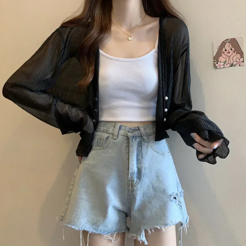 Fairy Style Solid Cardigan Women Summer Long Sleeve Sunscreen Sweet Beading Vneck Basics Loose Chiffon Cardigan 250612