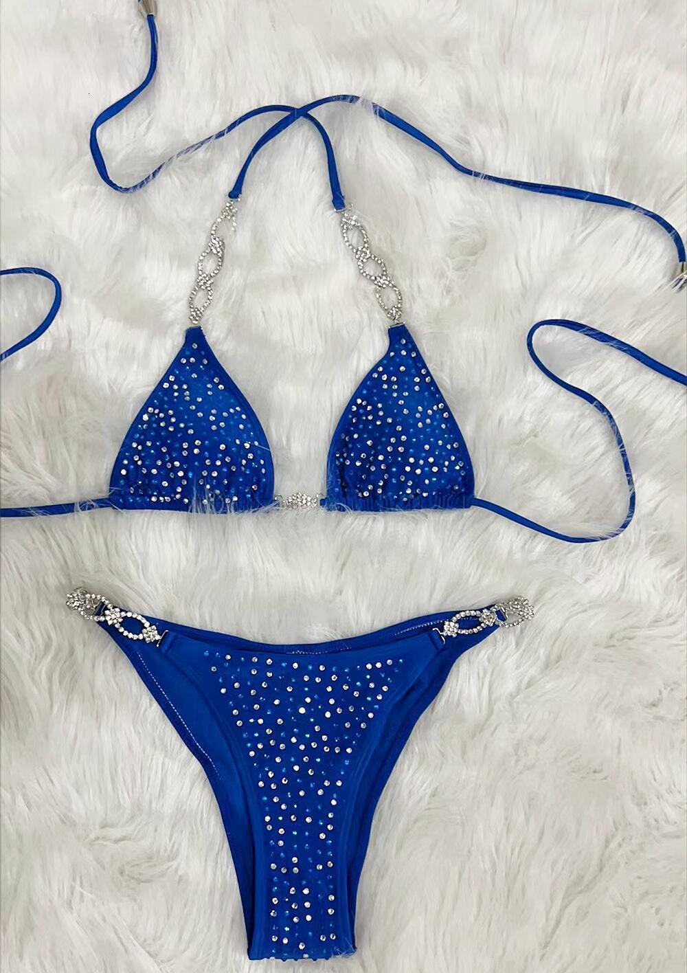 NPC IFBB Competition Bikini Set for Women Rhinestone Connector Scrunch Bikini Sky Blue 250314