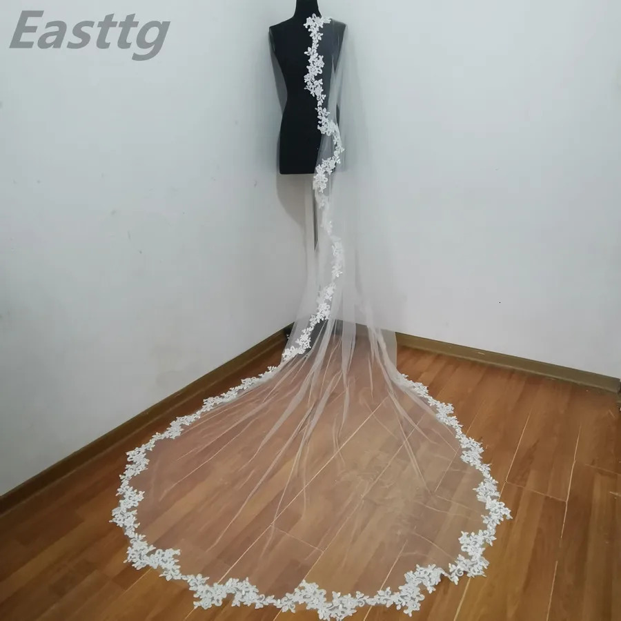 2024 Real Pos White/Ivory Wedding Veil Long Comb Lace Mantilla Cathedral Bridal Veils Wedding Accessories Veu De Noiva 250603