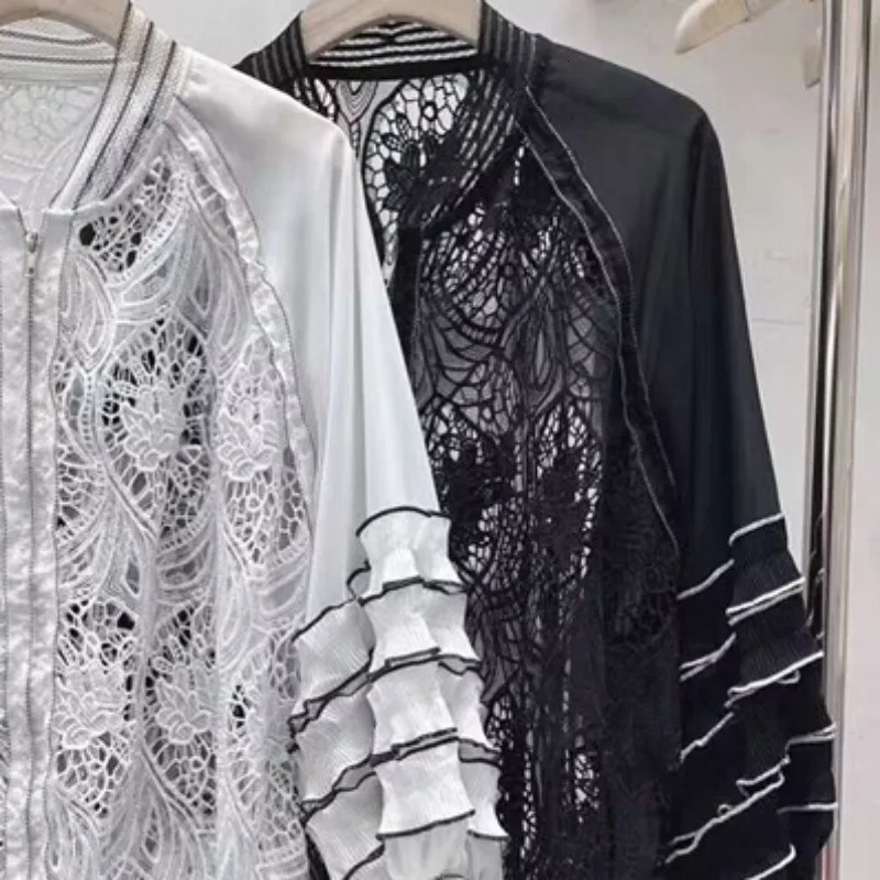 Neploe Elegant Vintage Lace Thin Baseball Jackets Spring Hollow Out Tops Sun Protection Long Sleeve Coat Women 250611