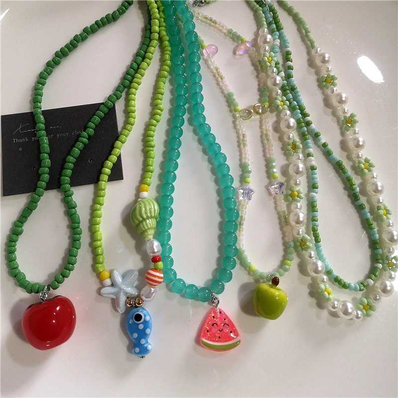 Y2K Summer Cute Cartoon Fruit Tomato Strawberry Ceramic Fish Pendant Beads Choker Necklace Harajuku Charm Jewelry Accessory Gift Z250614
