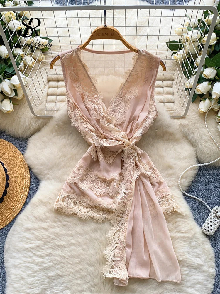 SINGREINY High Quality Lace Sexy Tank Top Women Sleeveless Up Patchwork Bohemian Slim French Style Thin Chiffon Blouse 250611