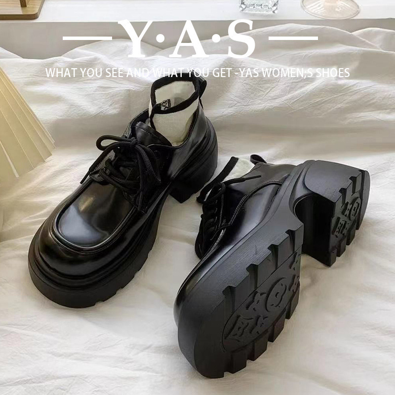 Ddmyoutdoor Black British Style Chunky Heel Lace Up Leather For Women Spring Autumn New JK Height Increasing Mary Jane Commuter Work Shoes Outdoor Sho