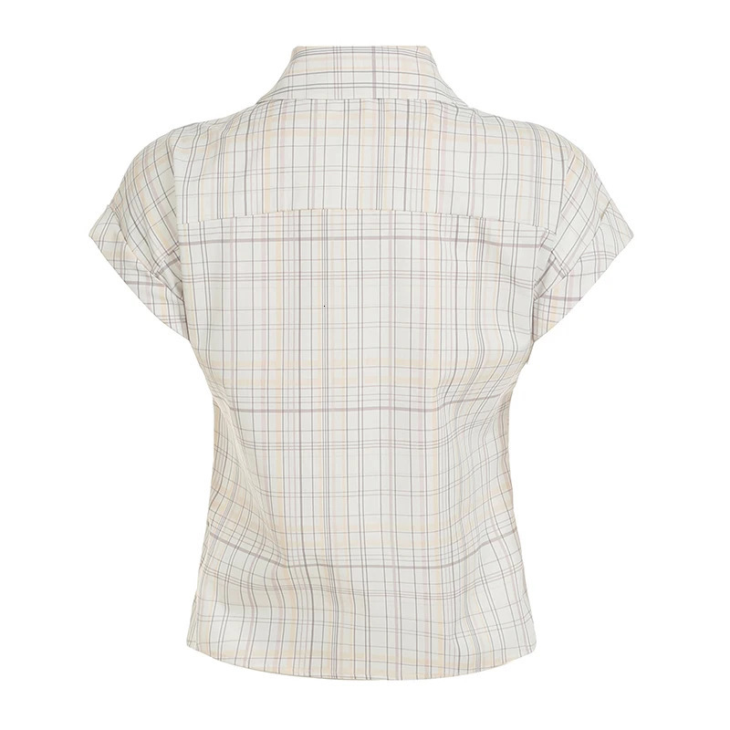 Rockmoer Korean Style Striped Plaid Slim Blouses Y2K Aesthetic Vintage Buttons Up Shirts Women Summer Casual Short Sleeve Tops 250614