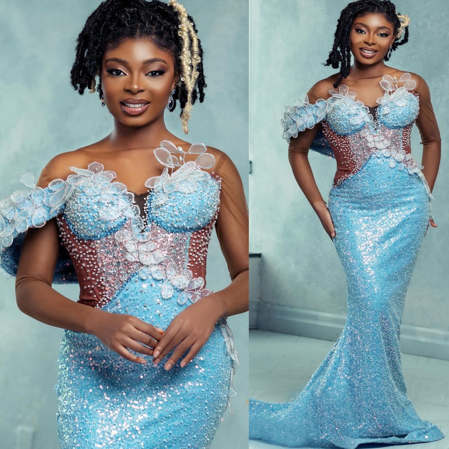 Light Sky Blue Mermaid Prom Dresses 2025 Appliques Beaded Illusion Evening Formal Party Second Birthday Engagement Gowns Plus Size Dress For Special O