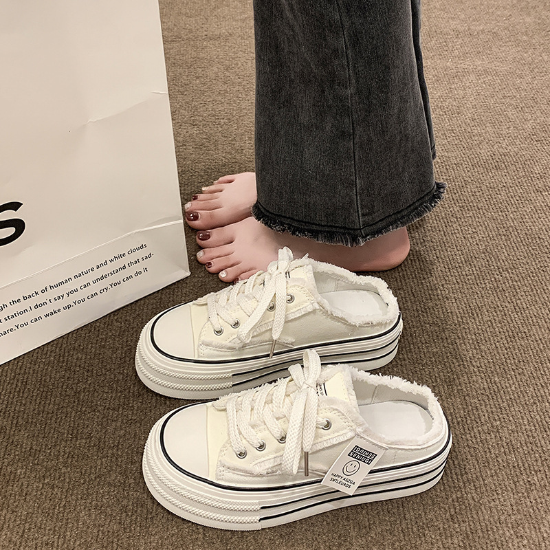 Ddmyoutdoor Baotou Canvas Half Slippers For Women Summer Outdoor New Thick Sole Height Increasing Casual Lace Up Lazy White Sandals Outdoor Shoes