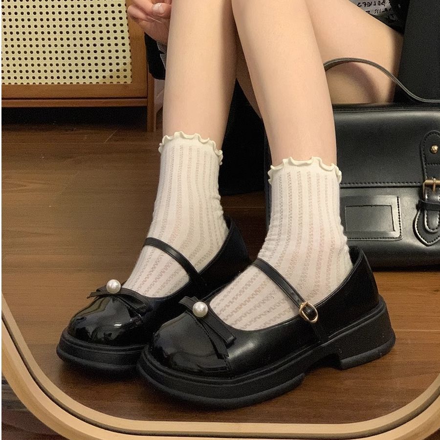 Ddmyoutdoor Ddmyoutdoor French Mary Jane Leather For Women Summer New Thick Heel Platform Dress With Skirt British Style Bowknot Single Shoes Outdoor 