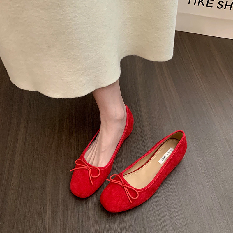 Ddmyoutdoor French Style Hidden Wedge Suede Ballet Flats For Women New Spring And Autumn Red Bow Evening Shoes Outdoor Shoes