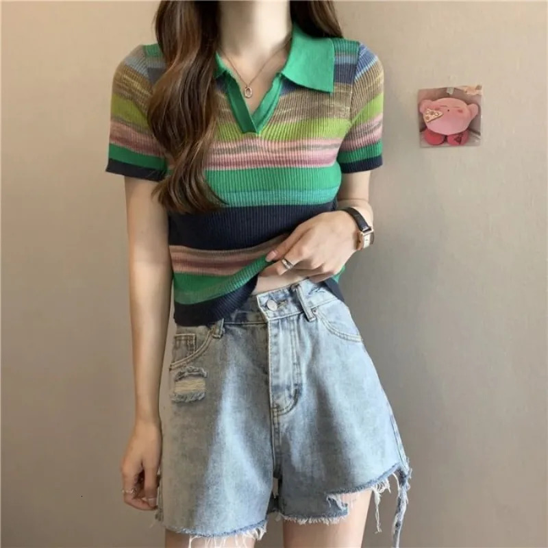 Ice Silk Knitted T-shirts Sexy Crop Top Pretty Short Sleeve Striped Womens Polo Korean Clothes Casual Lapel Female Tee 250609