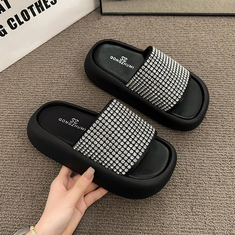 Ddmyoutdoor Platform Height Increasing One Strap Slippers For Women Summer Outdoor Rhinestone Wedge Fashion Sandals Outdoor Shoes