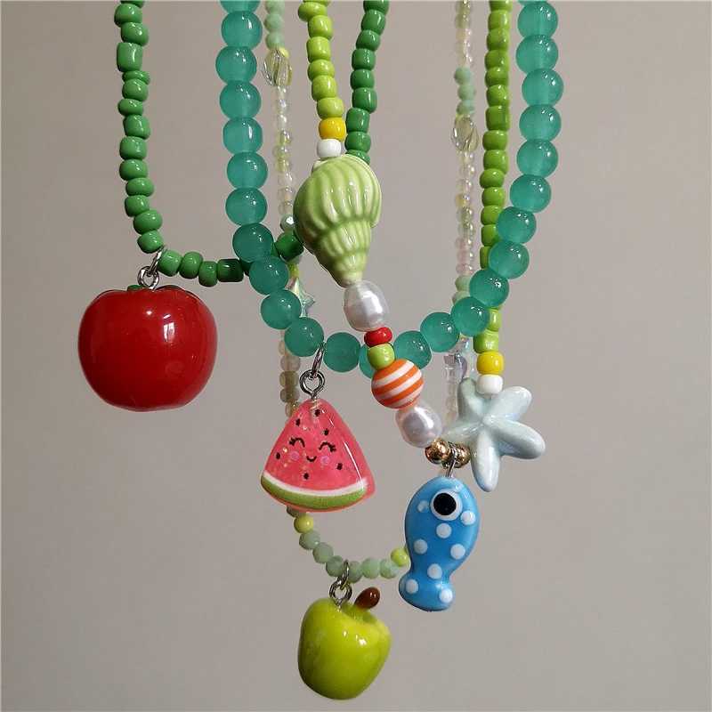 Y2K Summer Cute Cartoon Fruit Tomato Strawberry Ceramic Fish Pendant Beads Choker Necklace Harajuku Charm Jewelry Accessory Gift Z250614