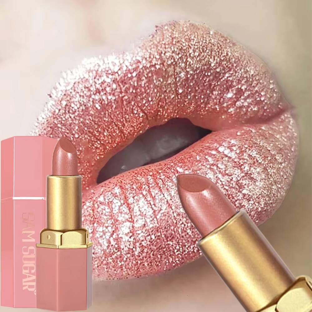 6 Colors Bar Tube Lipstick Diamond Pearlescent Glitter Gold Pink Lips Stick Long-Lasting Non-Sticky High-Shine Makeup happy