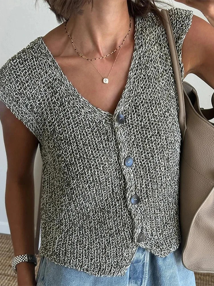 Female Casual Slim Fit Sleeveless Single Breasted V Neck Crop Top Elegant Knit Vest for Women Fashion Lady Outerwear 250612