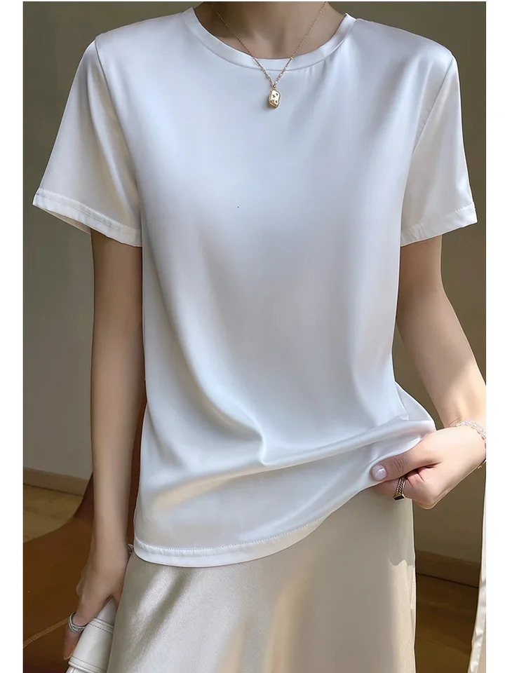 Summer Short-Sleeved Womens Acetic Acid T-Shirt Satin Simple Loose Round Neck Vest Top Joker Slim 250609