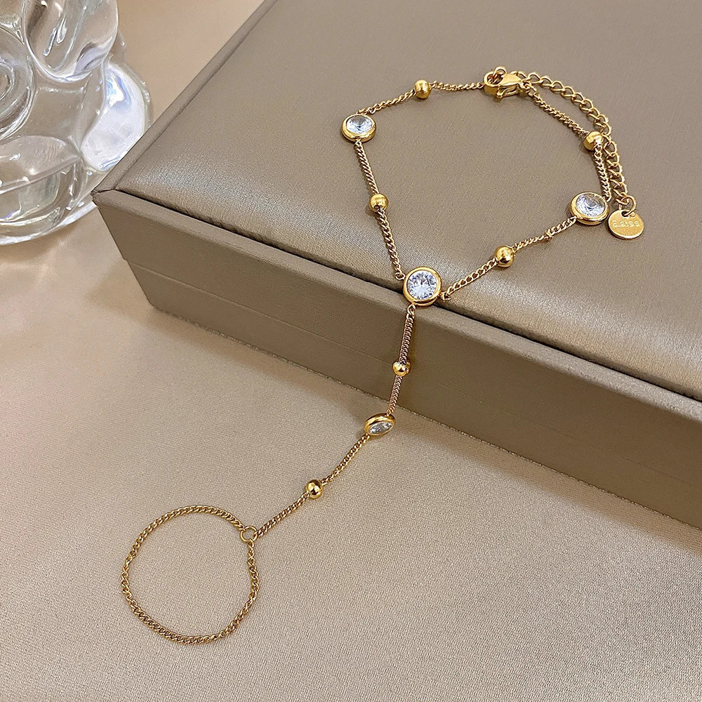 Bohemia Stainless Steel Ring Bracelet Round Rhinestone Hand Chain Bracelet Elegant Gold Plated Summer Hand Jewelry Gift 250610