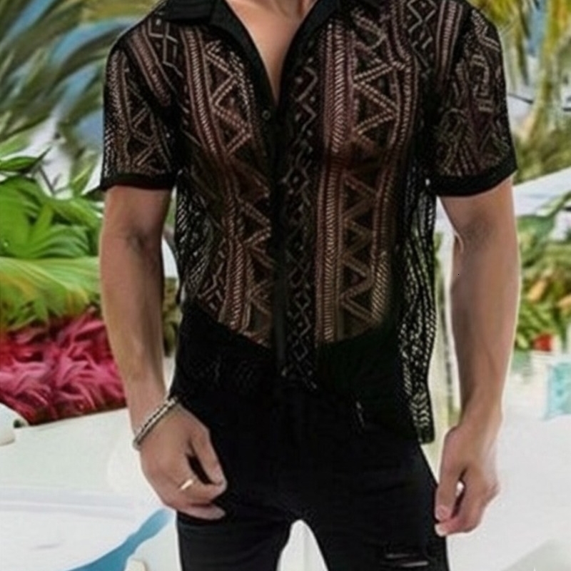 Stock Quick Mens Lace Shortsleeved Shirt Sexy Perspective Holiday Casual Hollowout Summer Thin Trend w250520