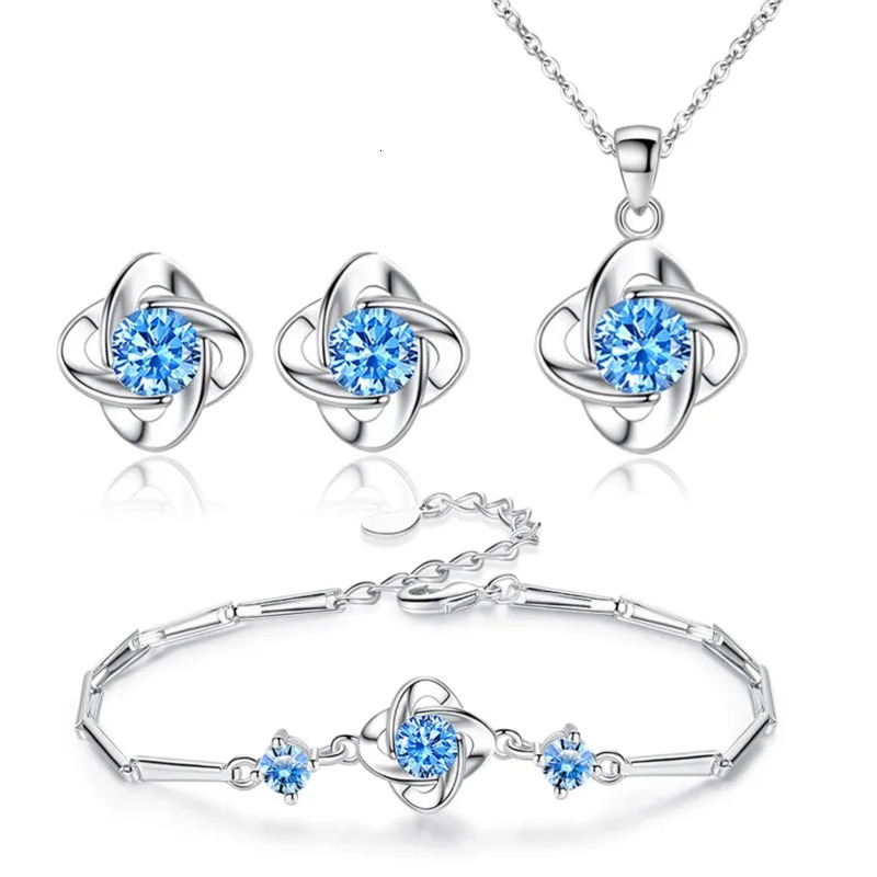 ENSHIR White Blue Zirconia Pinwheel Shape Pendant Necklace Earrings Bracelet Jewelry Set for Women Engagement Party Gift 250609