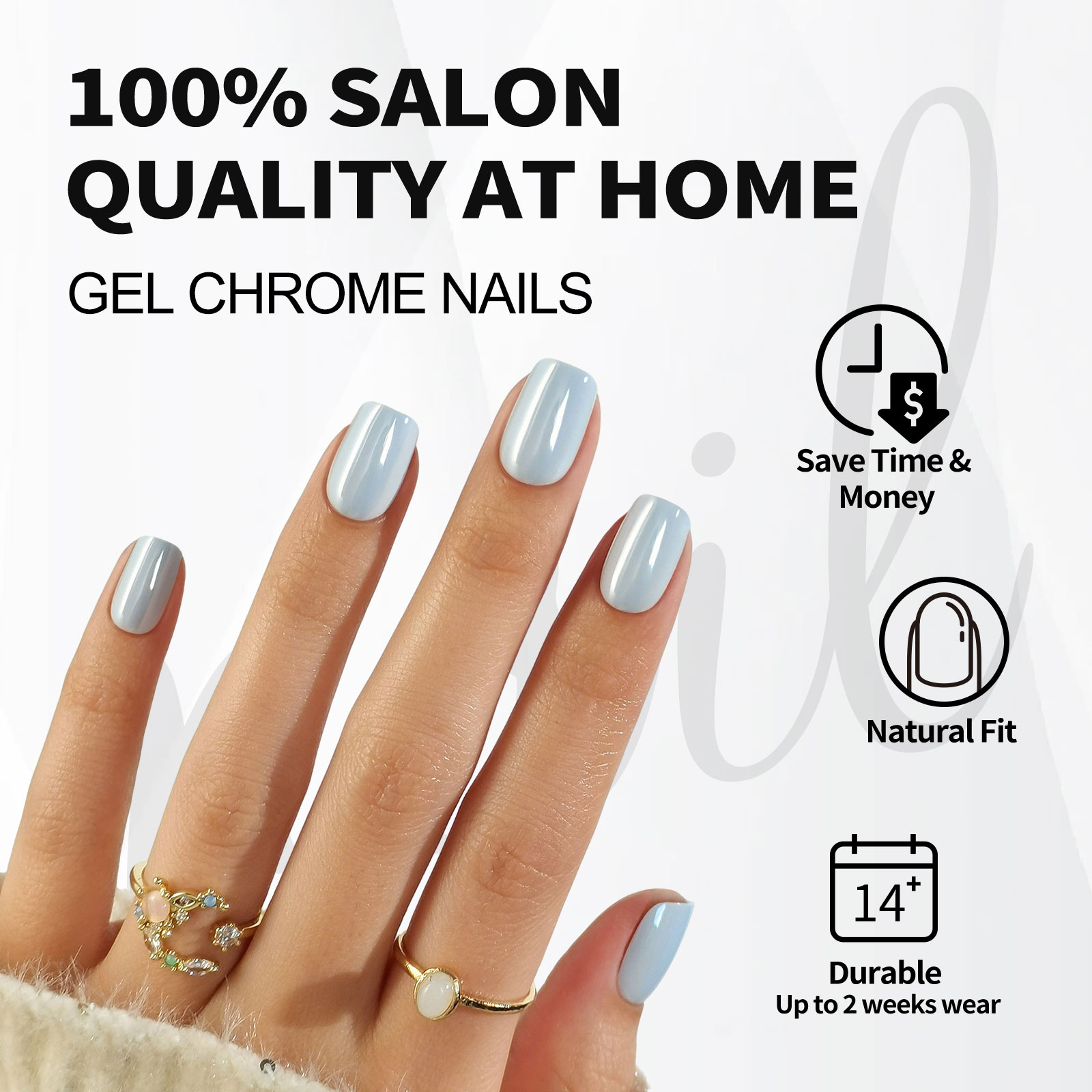 Soft Gel Blue Chrome Nail Art Kit Squared Shaped Stickers | Perfect For All Skin Tones