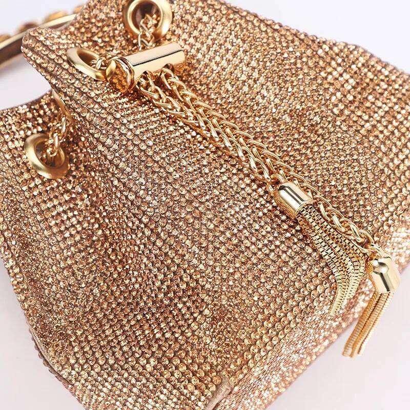 Designed Rhinestone Handbag Bling Handbags Women Brand PU Leather Metal Totes Modern Dia Top Handle Drawstring Bag