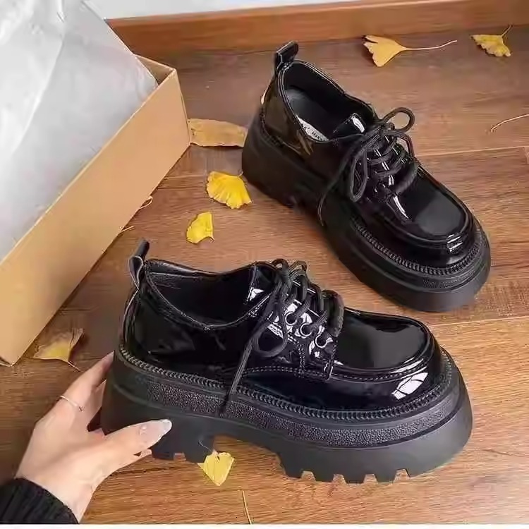Ddmysports Black Round Toe British Style Thick Sole Women S Leather Spring Autumn French Height Increasing Single Shoes Outdoor Shoes