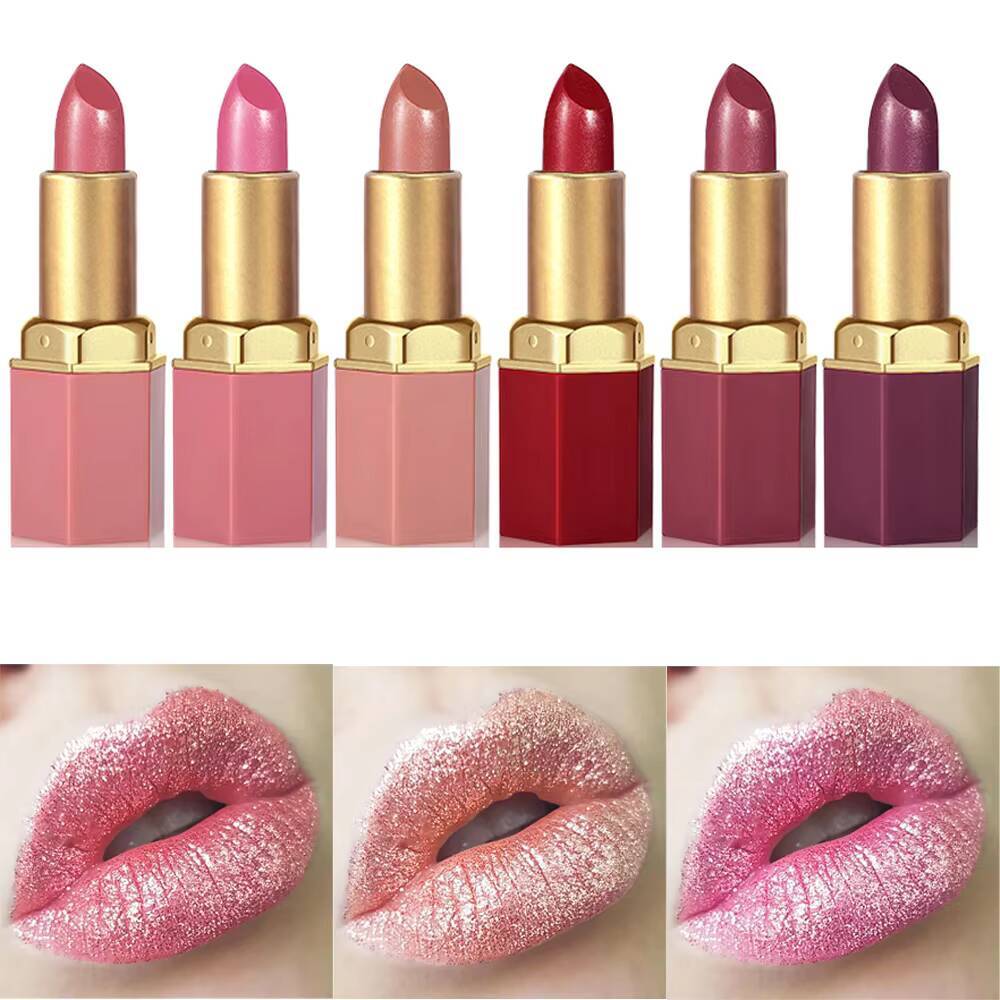 6 Colors Bar Tube Lipstick Diamond Pearlescent Glitter Gold Pink Lips Stick Long-Lasting Non-Sticky High-Shine Makeup happy