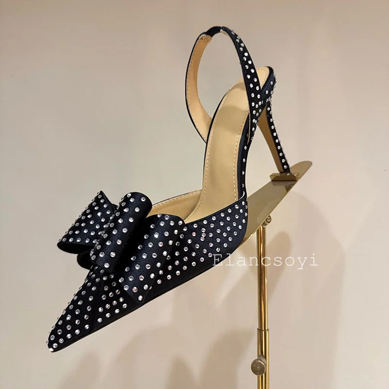 Sparkling Crystal Bow Decoration Thin High-Heeled Sandals Womens Satin Pointed End Sandalias Summer Fashion Party Dress Shoes 250613