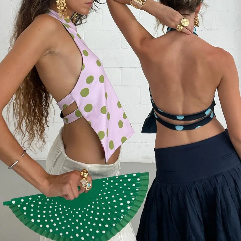 Combhasaki Womens Y2K Button Closure Halter Neck Crop Tops Sleeveless Backless Aesthetic DotsTiedye Flower Print Summer Vests 250611