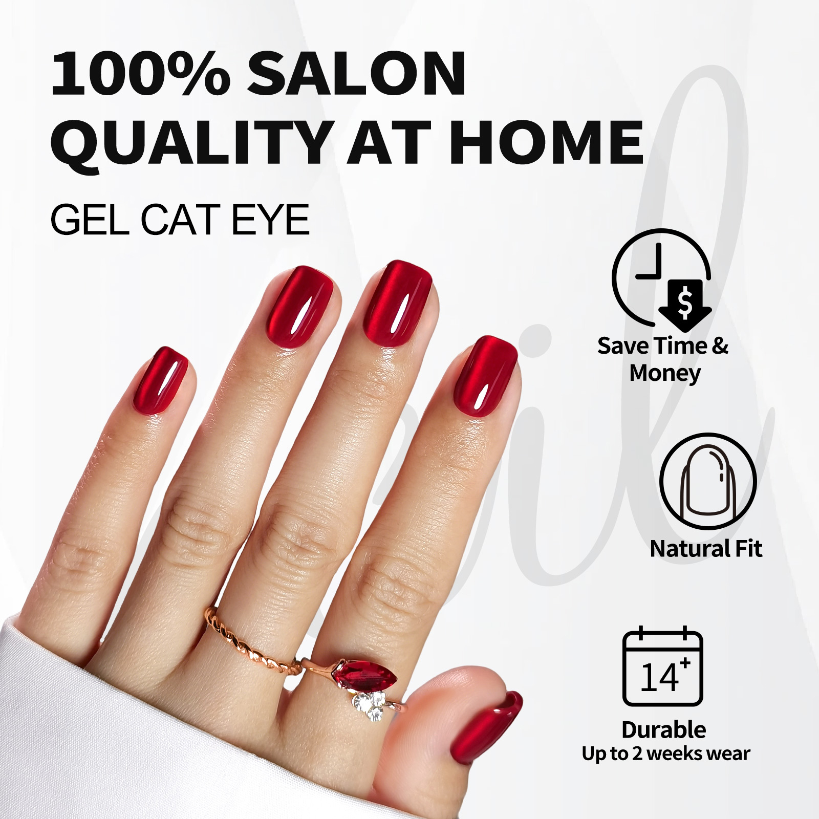 Elegant Squared Edge Red Cats-eye Artificial Finger Extensions | Long-wearing Gel-Like Stick-On Claws with Professional Strength Bond Variety Pack Siz