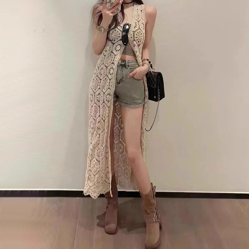 Longline Crochet Cardigan Button Front Sleeveless Sheer Openknit Long Coverup Jacket Women Summer Beach Vacation Outfit 250612