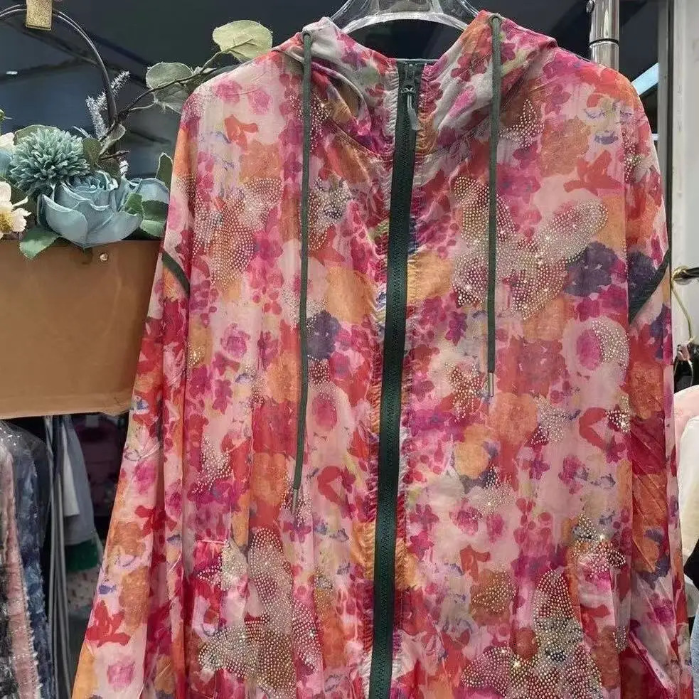 Sparkle Rhinestones Jackets Women Hooded Summer Sunproof Zipper Coats Thin Loose Outerwear Breathable Lightweight Clothes 250611