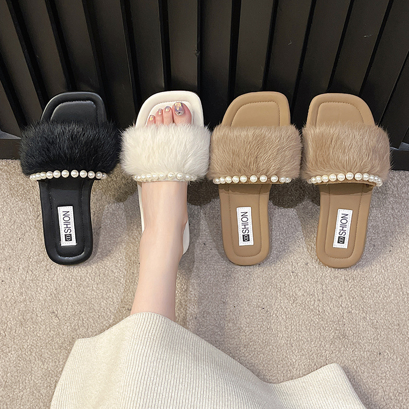 Ddmyoutdoor Pearl Furry Slippers For Women Summer Outdoor New Fashion Versatile Fairy Flat One Strap French Style Sandals Outdoor Shoes