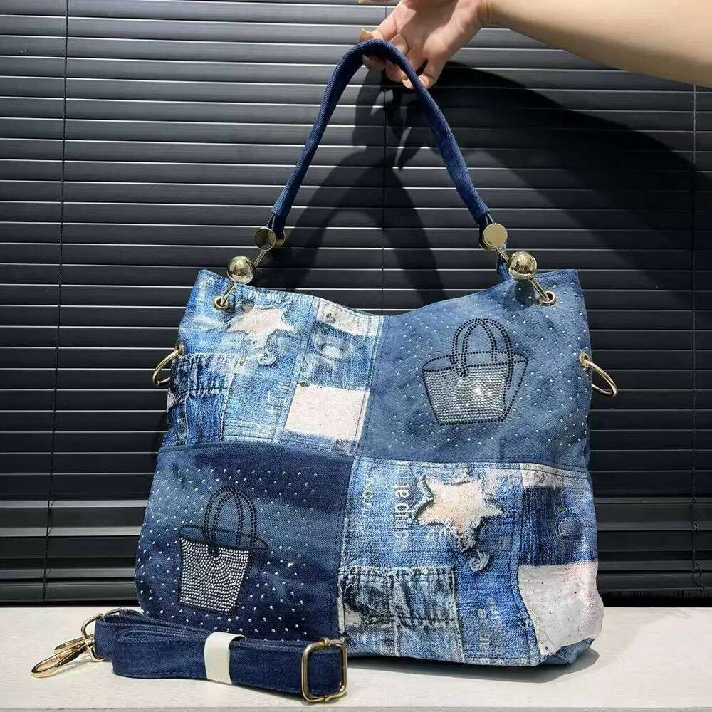 Ladies' Fashion Gradient Wash Damaged Handbag Large Capacity Splicing Dia Jewelry Tote Bag