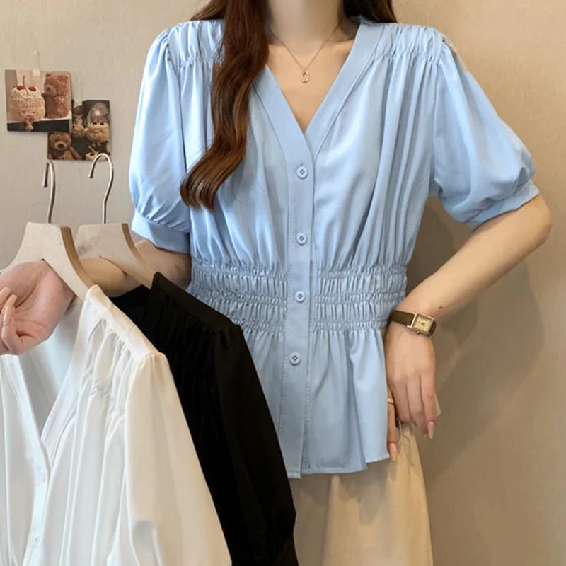 Simple Vneck Elastic Waist Shirt And Blouse Short Sleeve Solid Top Women Clothing French Allmatch Single Breasts Casual Summer 250614