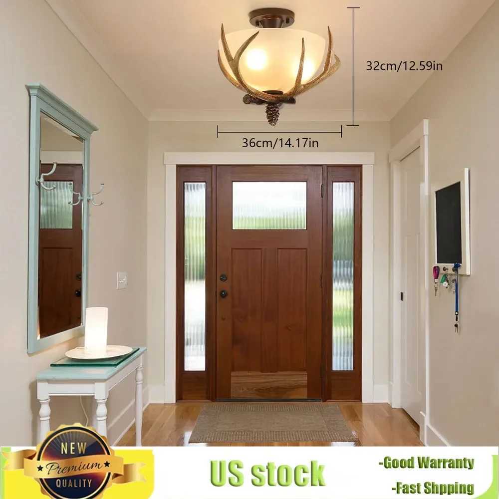 Bymaocar Antler Glass Semi Flush Mount 3-light Fixture Ceiling Lighting European Bronze Pendant Lamp Off-white Glass Lampshade XJ2500613