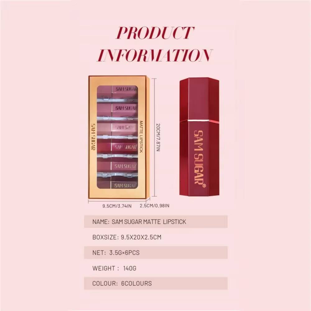SAM SUGAR 6pcs Lipstick Set - Matte & Shiny Diamond Finish Long-Lasting Non-Sticky Moisturizing Velvet Sexy Red Colors Lip Kit happy