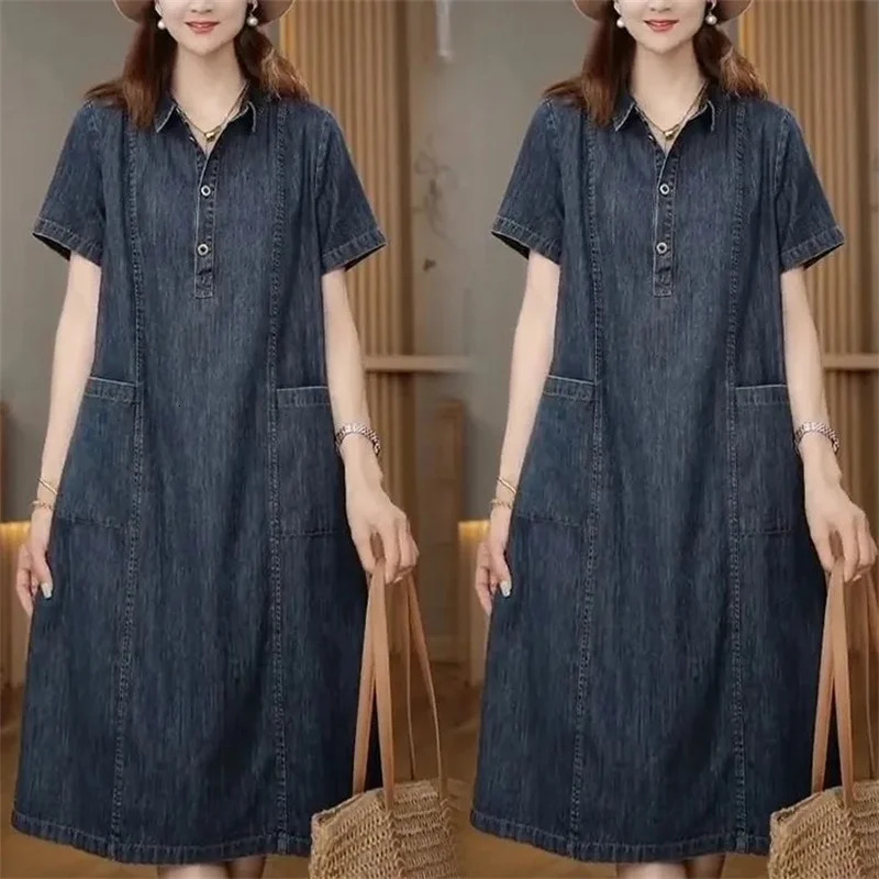Short sleeved Shirt Denim Dress for women 2025 Summer Korean version Loose with pockets Casual Thin Denim Dress Female 250609