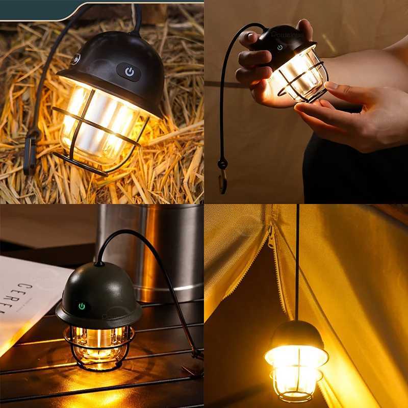 LED Camping Lamp Retro Hanging Lamp Portable Stepless Dimming Camping Tent Light Waterproof Rechargeable Outdoor Lantern W250613