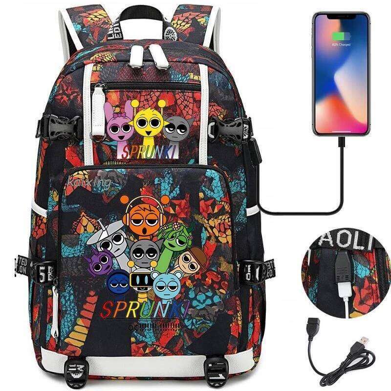 Hot New Sprunki School Bags Teenager USB Charging Laptop Backpack Teens Boys Girls Student Book Mochila Travel Bag Best Gift