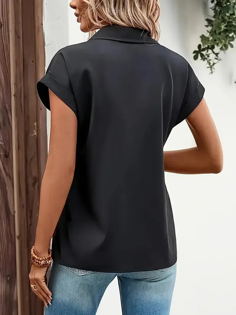 Womens Plus Size 1XL5XL Black ZipUp Blouse Button Lapel Shirt Ladies Casual Short Sleeve Elegant Solid Color Shirt 250614