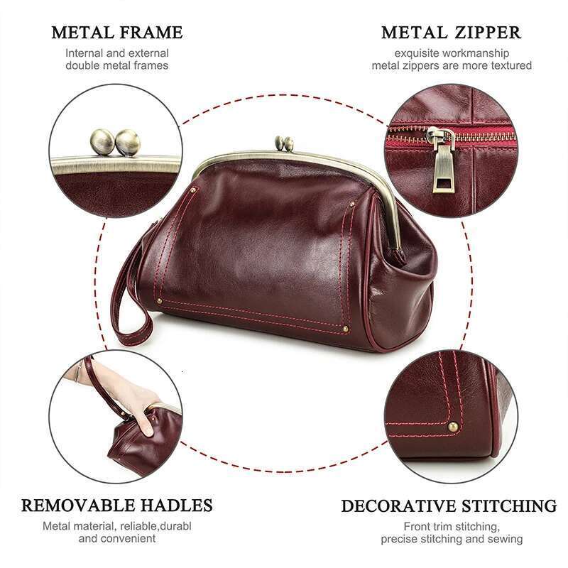 Genuine Leather Women Clutch Kiss Lock Design Female Purse Handbag Large Capacity Long Wallet Bag Phone Pocket